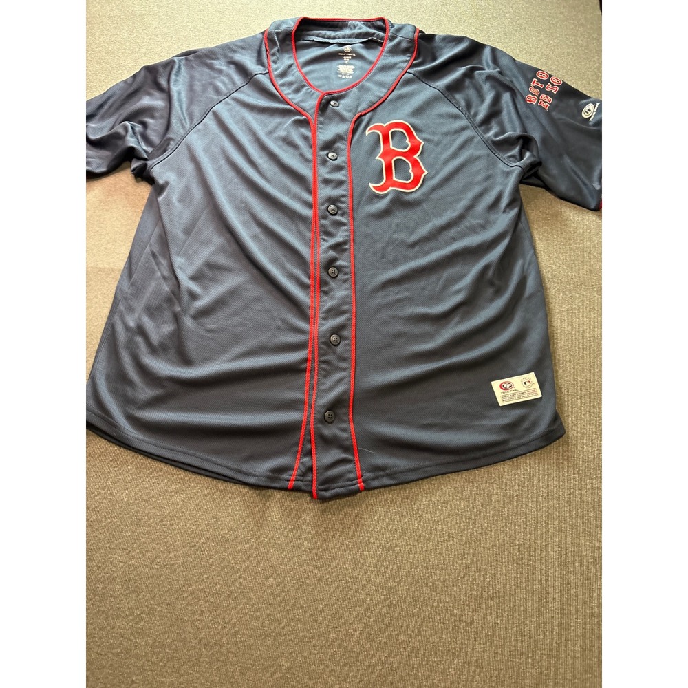 True Fan Boston Red Sox MLB Baseball Jersey Navy Blue Red Mens Large Button Up